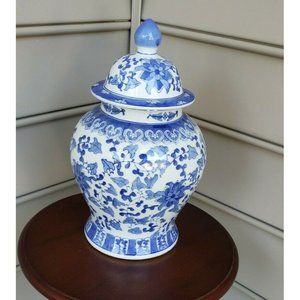 Vintage 14"Inch Blue and White Ginger Jar Temple Jar Chinese Hand Painted Floral